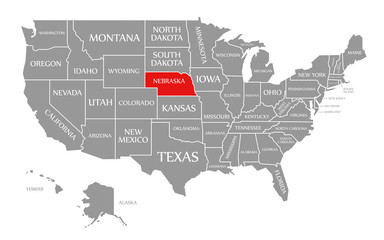 Fototapeta na wymiar Nebraska red highlighted in map of the United States of America
