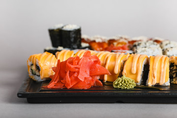 japanese national food, sushi on light background
