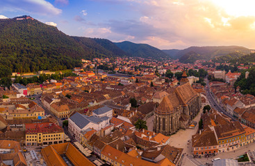 Brasov cityscape, panoramic and aerial view over medieval architecture of Brasov town from...