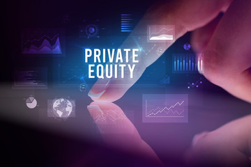 Finger touching tablet with charts and PRIVATE EQUITY inscription, business concept