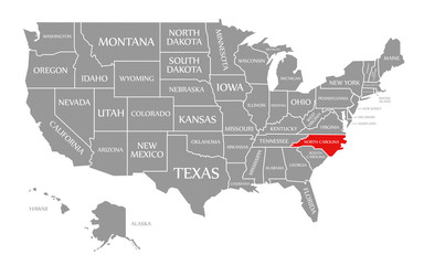 North Carolina red highlighted in map of the United States of America