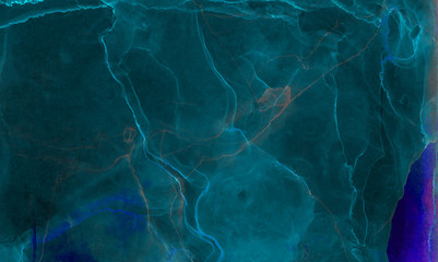 Ethereal bright dark blue alcohol ink neon abstract background. Modern deep glowing flow liquid watercolor paint splash texture effect illustration for card design, creative banners, graphic design.