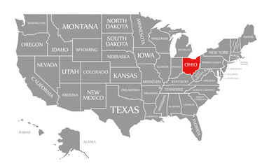 Fototapeta na wymiar Ohio red highlighted in map of the United States of America