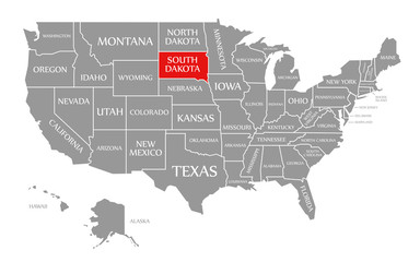 South Dakota red highlighted in map of the United States of America