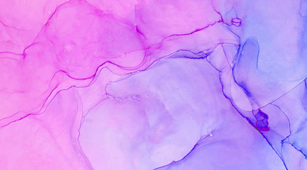 Ethereal fantasy light blue, pink and purple alcohol ink abstract background. Bright liquid watercolor paint splash texture effect illustration for card design, banners, modern graphic design
