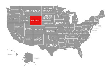 Fototapeta na wymiar Wyoming red highlighted in map of the United States of America