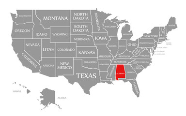 Fototapeta na wymiar Alabama red highlighted in map of the United States of America