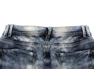 jeans top with pockets with rough double stitches on jeans close-up isolated on white background