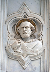 Jeremiah, relief on the facade of Basilica of Santa Croce (Basilica of the Holy Cross) - famous Franciscan church in Florence, Italy