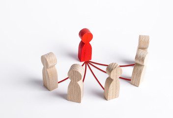A leader and a semicircle of employees are connected by lines. Business management and giving...