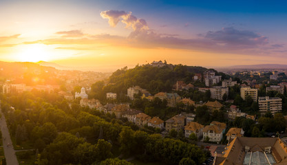 Brasov cityscape, panoramic and aerial view over medieval architecture of Brasov town from Transylvania, Romania
