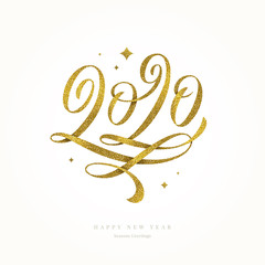 2020 year logo. New Year glitter gold flourishes calligraphy. Holiday vector illustration. Design for greeting card, invitation, calendar, etc.
