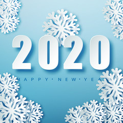 2020 Blue Christmas typography design. Winter season background with falling snow. Christmas and New Year poster template.Holiday greetings. Vector illustration EPS10