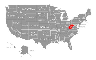 Fototapeta na wymiar West Virginia red highlighted in map of the United States of America