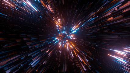 Naklejka premium Streszczenie jasne kreatywne tło kosmiczne. Hyper skok do innej galaktyki. Prędkość światła, neonowe promienie w ruchu. Piękne fajerwerki, kolorowa eksplozja, wielki wybuch. Spadające gwiazdy. Renderowanie 3d