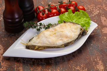 Baked wolffish steak