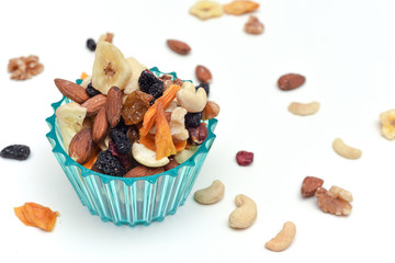 Healthy snack food trail mix of mixed nuts and dried fruits