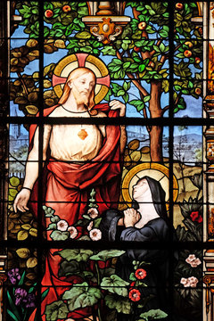 Apparition of the Sacred Heart to Marguerite Marie Alacoque, stained glass windows in the Saint Gervais and Saint Protais Church, Paris, France 