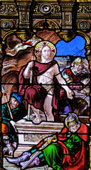 Fototapeta premium Resurrection of Christ, stained glass windows in the Saint Gervais and Saint Protais Church, Paris, France