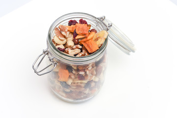 Healthy snack food trail mix of mixed nuts and dried fruits