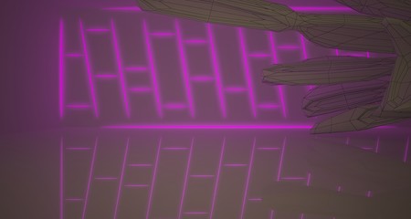 Abstract architectural drawing white interior of a minimalist house with color gradient neon lighting. 3D illustration and rendering.