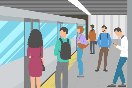 Train at the metro station. People, passengers on the platform. Vector illustration.