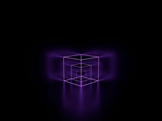 3d render. Violet lilac glowing lines. Neon cube. Geometric background - 291709105
