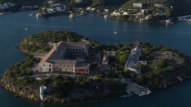 Menorca, Mahon Harbor Aerial of historic naval hospital. Illa del Rei