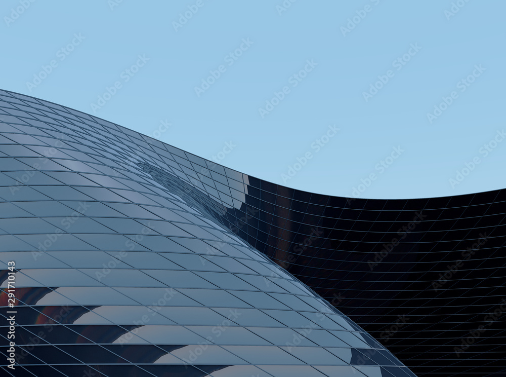 Poster Perspective of high rise building and dark steel window system with clouds reflected on the glass.Business concept of future architecture,lookup to the angle of the building corner. 3d rendering