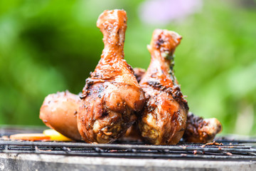 Grilled chicken legs barbecue with herbs and spices - Tasty chicken legs on the grill with fire flames marinated with ingredients cooking picnic outdoors