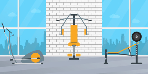 Gym interior with fitness equipment. Weight machine, elliptical, barbell. Vector illustration.