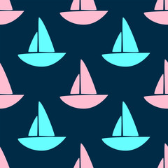 Simple seamless pattern with colored silhouettes of sailboats. Vector illustration.