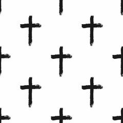 Seamless pattern with christian crosses painted with a rough brush. Sketch, grunge, ink. Religious print. Vector illustration.
