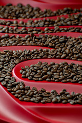 Coffee beans on a relief red background.