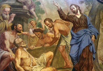 Obraz na płótnie Canvas Jesus Miracles - Raising Lazarus, fresco in the St Nicholas Cathedral in Ljubljana, Slovenia 