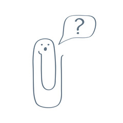 Paper clip character asks if help is needed. Support, online assistant, online operator help line, help desk concept. Flat outline clean doodle design style, vector illustration.