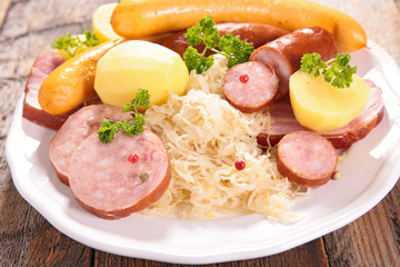sauerkraut, garman food with cabbage, sausage and potato