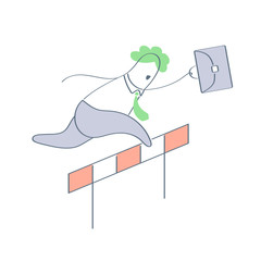 Business hurdler, business competition. Businessman participates in steeplechase, jumping through a barrier. Challenge, problem solving, overcoming challenges. Flat modern linear vector illustration.