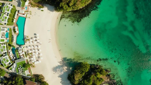 Beautiful Punta Bunga Beach on Boracay island, Philippines.Hotels near the beach in sunny weather. The coast of the island of Boracay for tourists.