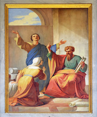 The fresco with the image of the life of St. Paul: Paul at the Home of Aquila and Priscilla, basilica of Saint Paul Outside the Walls, Rome, Italy