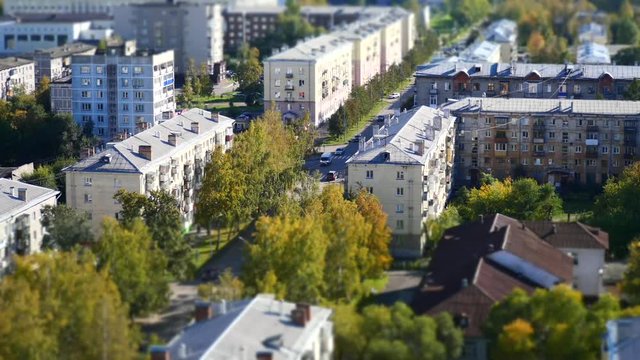 City with houses and cars, top view, timelapse.