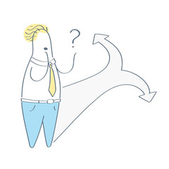 Choice right way, business decision metaphor. Businessman standing and choosing the way, confused to choose the right direction. Flat line isolated vector illustration on white.