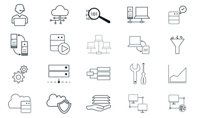 Database analytics icon set for data management and analysis