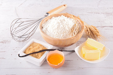 flour, sugar, egg and butter- baking ingedient
