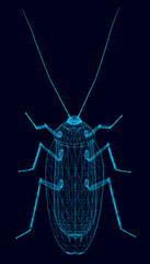 Polygonal wireframe of a cockroach of blue lines on a dark background. View from above. Vector illustration.