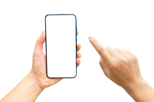 Mock up image of hands holding a blank screen of smartphone on white background.