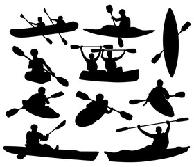 Set of silhouettes of people swimming in a canoe. Black white illustration of a kayak with men. Vector drawing of rowing boat for logo.