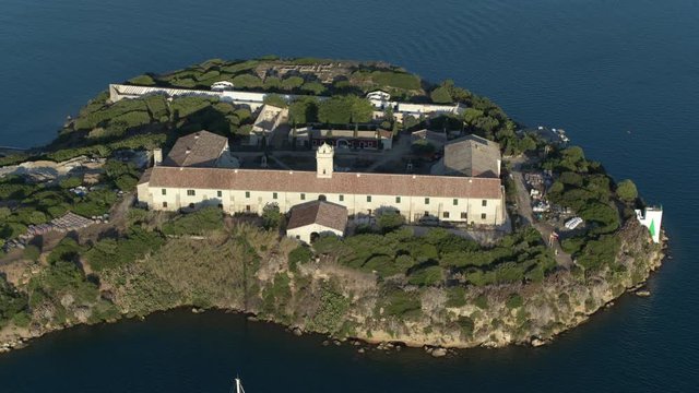Menorca, Mahon Harbor Aerial of historic naval hospital. Illa del Rei