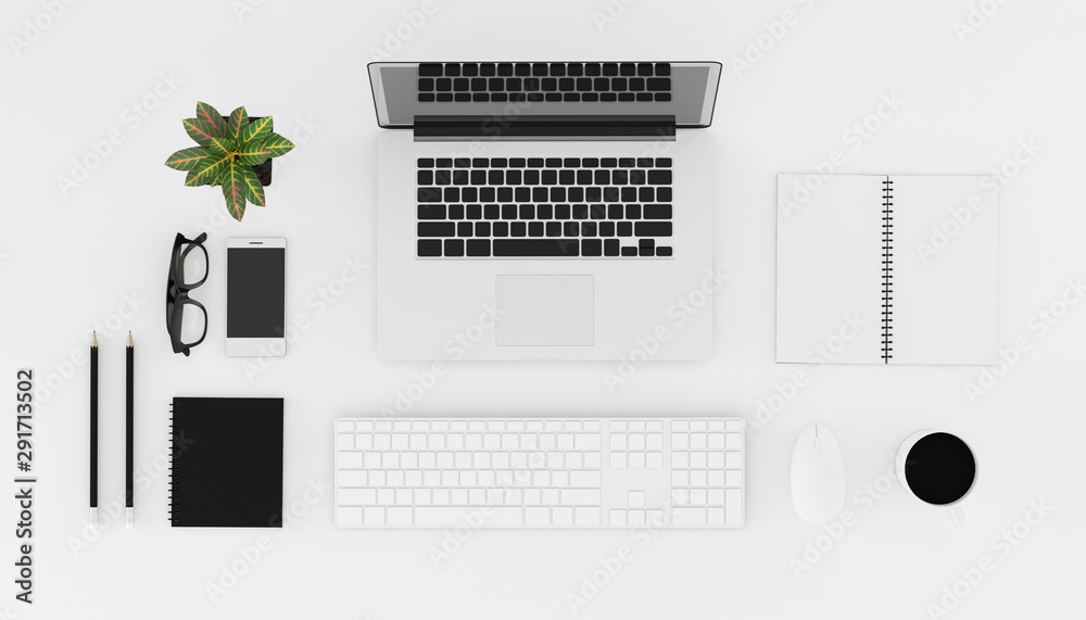 Poster Top view of workplace with accessories,business text space on table,Notebook,keyboard,cup of black coffee,pencils and computer. 3D rendering.