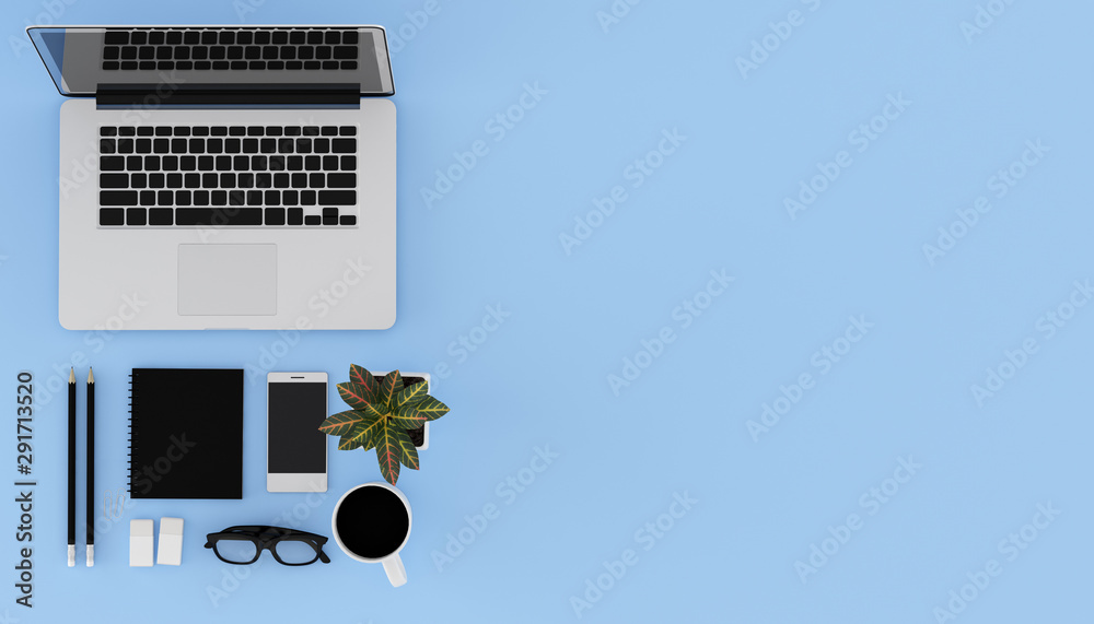 Poster Top view of workplace with accessories,business text space on table,Notebook,keyboard,cup of black coffee,pencils and computer. 3D rendering.